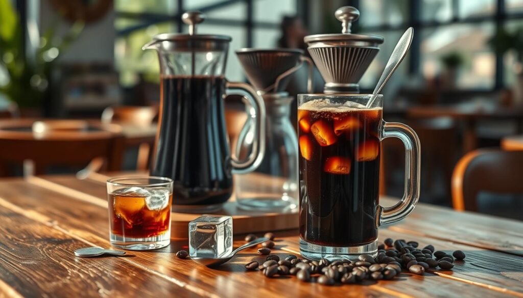 A beautifully arranged cold brew coffee setup on a rustic wooden table. In the foreground, a tall glass filled with dark, rich cold brew coffee, ice cubes glistening in the sunlight, and a long, elegant spoon resting beside it. The middle ground features a stylish cold brew coffee maker with a glass jug, intricate filters, and fresh coffee beans scattered around. In the background, a cozy café atmosphere with blurred hints of greenery and soft, natural light pouring in through large windows, creating a warm, inviting mood. The image is taken from a slightly elevated angle to capture all elements, with soft focus on the background to emphasize the cold brew setup. A beautifully arranged cold brew coffee setup on a rustic wooden table. In the foreground, a tall glass filled with dark, rich cold brew coffee, ice cubes glistening in the sunlight, and a long, elegant spoon resting beside it. The middle ground features a stylish cold brew coffee maker with a glass jug, intricate filters, and fresh coffee beans scattered around. In the background, a cozy café atmosphere with blurred hints of greenery and soft, natural light pouring in through large windows, creating a warm, inviting mood. The image is taken from a slightly elevated angle to capture all elements, with soft focus on the background to emphasize the cold brew setup.