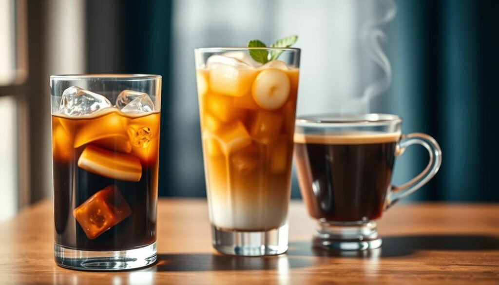 A beautifully arranged comparison of three types of cold coffee: cold brew, iced coffee, and hot coffee. In the foreground, feature a sleek glass of cold brew, dark and rich in color, with coffee ice cubes slowly melting, and a hint of cream swirls. Beside it, a tall, frosty glass of iced coffee filled with ice and garnished with a sprig of mint. In the background, depict a steaming cup of hot coffee with wisps of steam rising, placed on a wooden table. Soft, natural lighting illuminates the scene, creating a warm and inviting atmosphere. Use a shallow depth of field to focus on the coffee cups while softly blurring the background. The image should evoke a sense of calm and indulgence, perfect for coffee lovers. A beautifully arranged comparison of three types of cold coffee: cold brew, iced coffee, and hot coffee. In the foreground, feature a sleek glass of cold brew, dark and rich in color, with coffee ice cubes slowly melting, and a hint of cream swirls. Beside it, a tall, frosty glass of iced coffee filled with ice and garnished with a sprig of mint. In the background, depict a steaming cup of hot coffee with wisps of steam rising, placed on a wooden table. Soft, natural lighting illuminates the scene, creating a warm and inviting atmosphere. Use a shallow depth of field to focus on the coffee cups while softly blurring the background. The image should evoke a sense of calm and indulgence, perfect for coffee lovers.