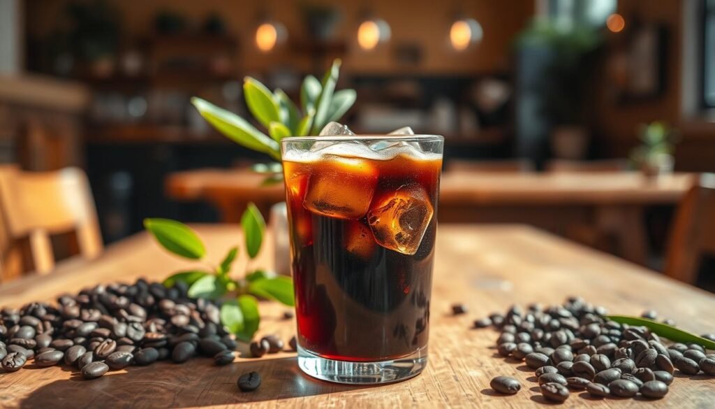 A beautifully arranged cup of cold brew coffee sits prominently in the foreground, with rich, dark brew glistening in the sunlight. Ice cubes tumble into the glass, reflecting light as they create delicate ripples on the surface of the drink. Surrounding the cup, fresh coffee beans and lush green coffee plant leaves provide a natural frame. In the middle ground, a rustic wooden table showcases a small plant or succulent, adding warmth and charm. The background features a cozy café scene, softly blurred to maintain focus on the coffee, with warm, ambient lighting casting a welcoming glow. The overall mood is inviting and refreshing, capturing the essence of a local coffee gem in Concord. A beautifully arranged cup of cold brew coffee sits prominently in the foreground, with rich, dark brew glistening in the sunlight. Ice cubes tumble into the glass, reflecting light as they create delicate ripples on the surface of the drink. Surrounding the cup, fresh coffee beans and lush green coffee plant leaves provide a natural frame. In the middle ground, a rustic wooden table showcases a small plant or succulent, adding warmth and charm. The background features a cozy café scene, softly blurred to maintain focus on the coffee, with warm, ambient lighting casting a welcoming glow. The overall mood is inviting and refreshing, capturing the essence of a local coffee gem in Concord.