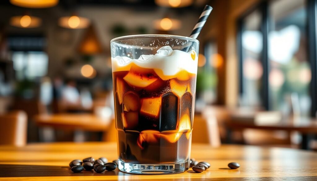 A beautifully arranged glass of cold brew coffee sits prominently in the foreground, condensation glistening on the glass, reflecting the light. Rich, dark coffee swirls with a splash of creamy milk, creating an inviting contrast. In the middle, small details like whole coffee beans, a scattering of ice cubes, and a stylish straw enhance the aesthetic. The background features a cozy, well-lit coffee shop atmosphere, with blurred hints of wooden tables and warm-toned lighting that evoke a peaceful yet energizing mood. The scene is captured with a shallow depth of field, allowing the vibrant colors of the coffee to pop. Soft sunlight seeps through the window, illuminating the cold brew and casting gentle shadows, creating a serene yet invigorating ambiance that reflects the benefits of cold brew coffee for metabolism, mood, and mind.