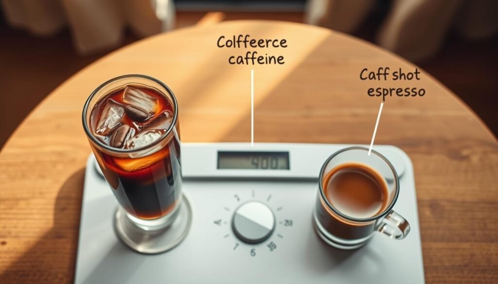 A beautifully arranged overhead view of a coffee table featuring a cold brew coffee and an espresso shot, emphasizing their caffeine content differences. In the foreground, a clear glass of cold brew, filled with ice and topped with a coffee bean garnish, sits next to a small espresso cup with rich brown crema. The middle ground includes a scientific scale measuring caffeine levels with annotations in the background showing "per ounce," "per shot," and "per cup." The setting is warm and inviting, with soft natural lighting streaming through a nearby window, creating a cozy atmosphere. Use a shallow depth of field to gently blur the background while focusing sharply on the coffee drinks, enhancing the details of the textures and colors. A beautifully arranged overhead view of a coffee table featuring a cold brew coffee and an espresso shot, emphasizing their caffeine content differences. In the foreground, a clear glass of cold brew, filled with ice and topped with a coffee bean garnish, sits next to a small espresso cup with rich brown crema. The middle ground includes a scientific scale measuring caffeine levels with annotations in the background showing "per ounce," "per shot," and "per cup." The setting is warm and inviting, with soft natural lighting streaming through a nearby window, creating a cozy atmosphere. Use a shallow depth of field to gently blur the background while focusing sharply on the coffee drinks, enhancing the details of the textures and colors.