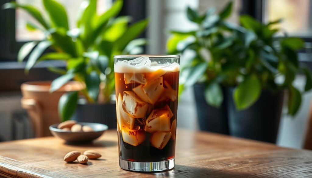 A beautifully crafted glass of cold brew coffee sits in the foreground, filled with rich, dark liquid and adorned with a frothy layer of cold foam on top. Ice cubes clink softly as they rest inside the glass, reflecting light. A splash of almond milk swirls through the coffee, creating a dreamy marbled effect. In the middle ground, a wooden table with a rustic feel complements the coffee, along with a small dish of almonds and sweetener, hinting at the beverage's health benefits. Soft natural light streams in from a nearby window, casting gentle shadows and highlighting the textures. In the background, blurred green potted plants evoke a refreshing atmosphere, suggesting longevity and vitality. Overall, the image conveys a calm, inviting mood.