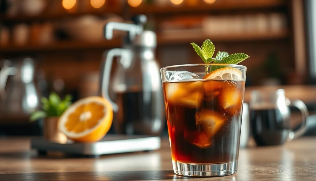 A beautifully crafted glass of cold brew coffee sits prominently in the foreground, filled with rich, dark liquid, and ice cubes glistening under soft, natural light. The glass is adorned with a sprig of mint and a slice of orange for a refreshing touch. In the middle ground, a slightly blurred coffee brewing setup showcases a sleek cold brew maker and coffee grounds, hinting at the brewing process. In the background, there's a cozy café ambiance with wooden textures and gentle bokeh of warm, ambient lighting, creating an inviting atmosphere. The scene conveys a sense of calm and sophistication, perfect for enjoying a cool beverage. The image should have a warm color palette with a focus on the deep, inviting tones of the coffee. A beautifully crafted glass of cold brew coffee sits prominently in the foreground, filled with rich, dark liquid, and ice cubes glistening under soft, natural light. The glass is adorned with a sprig of mint and a slice of orange for a refreshing touch. In the middle ground, a slightly blurred coffee brewing setup showcases a sleek cold brew maker and coffee grounds, hinting at the brewing process. In the background, there's a cozy café ambiance with wooden textures and gentle bokeh of warm, ambient lighting, creating an inviting atmosphere. The scene conveys a sense of calm and sophistication, perfect for enjoying a cool beverage. The image should have a warm color palette with a focus on the deep, inviting tones of the coffee.