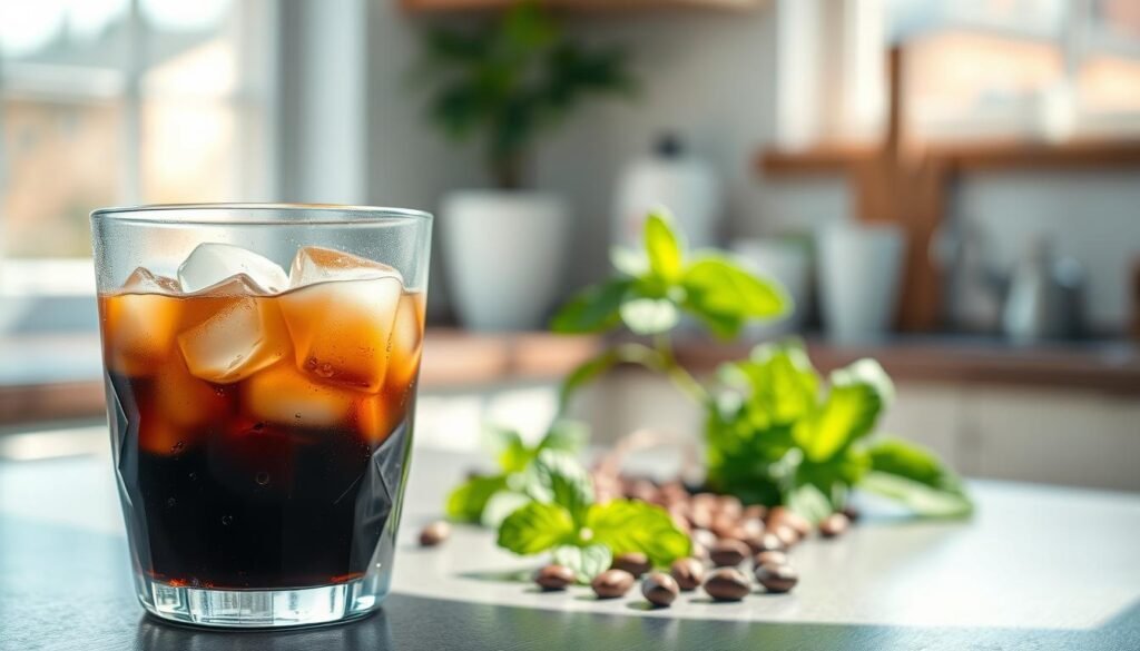 A beautifully crafted glass of cold brew coffee sits prominently in the foreground, with condensation glistening on its surface, highlighting its refreshing appeal. The coffee is rich and dark, with a few ice cubes gently floating on top. A subtle layer of cream swirls delicately within, creating an inviting contrast. In the middle ground, fresh mint leaves and coffee beans are artfully arranged, symbolizing health benefits. The background features a serene kitchen setting with natural light streaming through a nearby window, casting soft shadows that enhance the warm atmosphere. The image captures a moment of tranquility, inviting viewers to experience the rejuvenating essence of cold brew coffee, ideal for heart health and blood sugar management. Shot at a slight angle with a shallow depth of field, the focus remains on the cold brew coffee, creating a calming and wholesome vibe. A beautifully crafted glass of cold brew coffee sits prominently in the foreground, with condensation glistening on its surface, highlighting its refreshing appeal. The coffee is rich and dark, with a few ice cubes gently floating on top. A subtle layer of cream swirls delicately within, creating an inviting contrast. In the middle ground, fresh mint leaves and coffee beans are artfully arranged, symbolizing health benefits. The background features a serene kitchen setting with natural light streaming through a nearby window, casting soft shadows that enhance the warm atmosphere. The image captures a moment of tranquility, inviting viewers to experience the rejuvenating essence of cold brew coffee, ideal for heart health and blood sugar management. Shot at a slight angle with a shallow depth of field, the focus remains on the cold brew coffee, creating a calming and wholesome vibe.