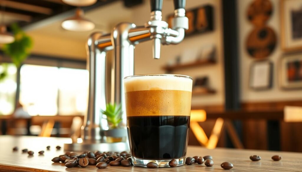 A beautifully crafted glass of nitro cold brew coffee sits prominently in the foreground, showcasing its rich, dark color and creamy, cascading head formed by nitrogen bubbles. The coffee is served in a clear, elegant glass with a frosted finish, surrounded by delicate coffee beans scattered around. In the middle ground, a metallic nitro coffee tap gleams under soft, natural lighting, reflecting the warmth of a morning sun. A subtle hint of green leaves or a small succulent plant adds a touch of freshness to the composition. The background features a blurred café setting with rustic wooden tables and a cozy atmosphere, inviting viewers to imagine enjoying the drink in a social space. The overall mood is inviting, refreshing, and energizing, perfect for coffee enthusiasts. A beautifully crafted glass of nitro cold brew coffee sits prominently in the foreground, showcasing its rich, dark color and creamy, cascading head formed by nitrogen bubbles. The coffee is served in a clear, elegant glass with a frosted finish, surrounded by delicate coffee beans scattered around. In the middle ground, a metallic nitro coffee tap gleams under soft, natural lighting, reflecting the warmth of a morning sun. A subtle hint of green leaves or a small succulent plant adds a touch of freshness to the composition. The background features a blurred café setting with rustic wooden tables and a cozy atmosphere, inviting viewers to imagine enjoying the drink in a social space. The overall mood is inviting, refreshing, and energizing, perfect for coffee enthusiasts.