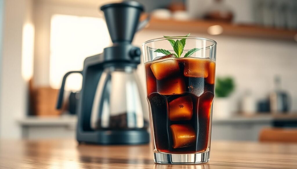 A beautifully styled glass of cold brew coffee sits prominently in the foreground, filled with dark, rich coffee and ice cubes, condensation forming on the sides. The coffee is garnished with a delicate sprig of mint resting on the rim. In the middle ground, a sleek, modern brewing station is visible, showcasing a cold brew coffee maker with coffee grounds and water, hinting at the brewing process. The background features a softly blurred kitchen environment with warm, natural light streaming through a window, creating an inviting and cozy atmosphere. The overall mood is refreshing and calm, emphasizing the artisanal nature of cold brew coffee. The image is shot with a shallow depth of field to focus on the glass, inviting viewers to immerse themselves in the experience of cold brewing. A beautifully styled glass of cold brew coffee sits prominently in the foreground, filled with dark, rich coffee and ice cubes, condensation forming on the sides. The coffee is garnished with a delicate sprig of mint resting on the rim. In the middle ground, a sleek, modern brewing station is visible, showcasing a cold brew coffee maker with coffee grounds and water, hinting at the brewing process. The background features a softly blurred kitchen environment with warm, natural light streaming through a window, creating an inviting and cozy atmosphere. The overall mood is refreshing and calm, emphasizing the artisanal nature of cold brew coffee. The image is shot with a shallow depth of field to focus on the glass, inviting viewers to immerse themselves in the experience of cold brewing.