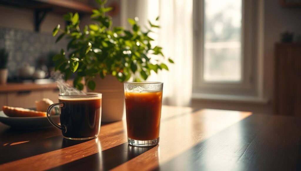 A calming, warm kitchen scene bathed in soft morning light, featuring a glass of cold brew coffee on a polished wooden table, condensation glistening on its surface. In the background, a lush, potted plant adds a touch of greenery, symbolizing freshness and health. To the left, a small, simple plate holds a piece of light breakfast, illustrating a balanced morning routine. The foreground emphasizes the cold brew, with steam gently rising from a nearby mug to convey warmth and comfort despite the drink's cold nature. The colors are rich and inviting, with earthy tones of brown and green creating a cozy, relaxing atmosphere. The overall composition should make the viewer feel calm and at ease, highlighting the gentle impact of cold brew coffee on digestion. A calming, warm kitchen scene bathed in soft morning light, featuring a glass of cold brew coffee on a polished wooden table, condensation glistening on its surface. In the background, a lush, potted plant adds a touch of greenery, symbolizing freshness and health. To the left, a small, simple plate holds a piece of light breakfast, illustrating a balanced morning routine. The foreground emphasizes the cold brew, with steam gently rising from a nearby mug to convey warmth and comfort despite the drink's cold nature. The colors are rich and inviting, with earthy tones of brown and green creating a cozy, relaxing atmosphere. The overall composition should make the viewer feel calm and at ease, highlighting the gentle impact of cold brew coffee on digestion.