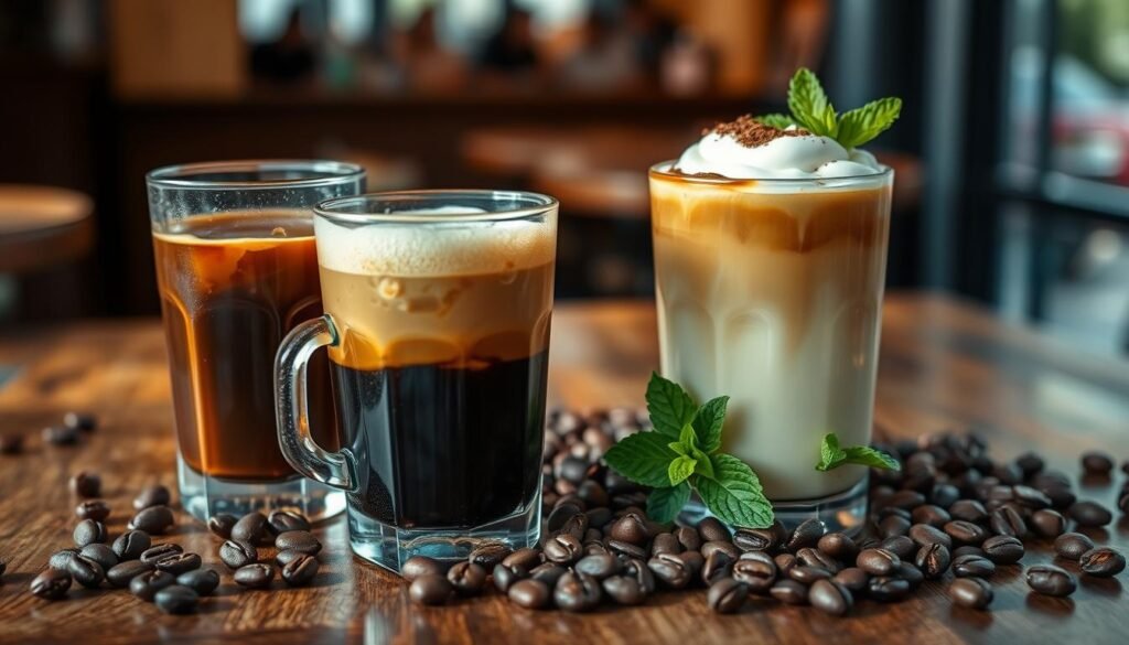 A close-up arrangement of two contrasting coffee drinks on a rustic wooden table: on the left, a glass of smooth cold brew coffee with rich, dark hues, served over ice with delicate condensation and a hint of caramel color; on the right, a frothy iced coffee topped with a swirl of cream and a sprinkle of cocoa, showcasing a lighter, inviting appearance. Surrounding the glasses, vibrant coffee beans scatter, their glossy surfaces reflecting light, while fresh mint leaves add a pop of color. Soft, warm lighting casts gentle shadows, emphasizing the textures and tones of the drinks. The background features a blurred café scene, evoking a cozy, inviting atmosphere. The image conveys warmth, richness, and sophistication, perfect for illustrating the essence of coffee flavor and extraction.