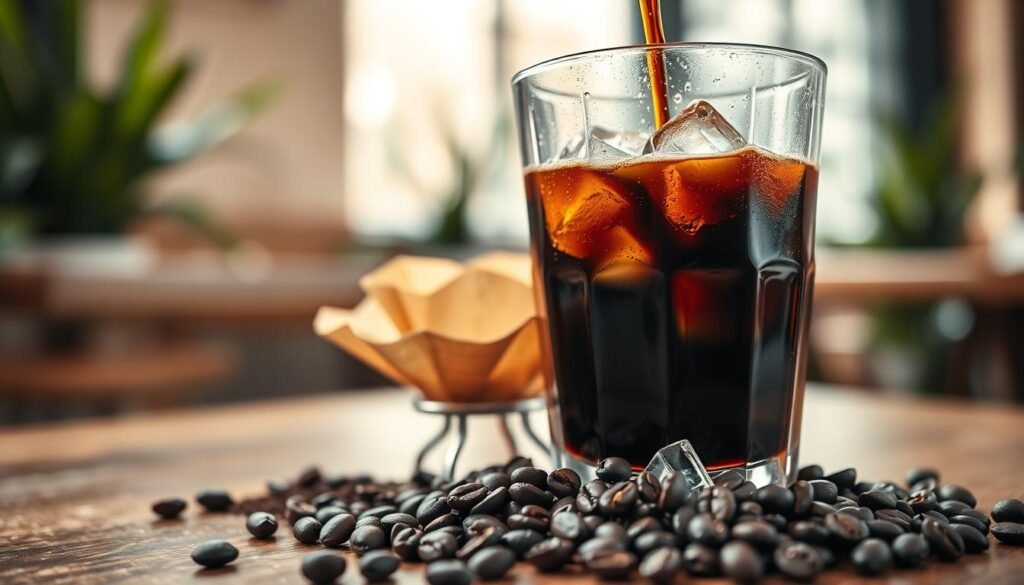 A close-up image of a freshly poured glass of cold brew coffee, showcasing its rich, dark brown color and icy texture. The foreground features condensation on the glass, with ice cubes glistening under soft, natural light. In the middle, a coffee filter and coarsely ground coffee beans are arranged, emphasizing the brewing process. The background is softly blurred, hinting at a cozy café setting with wooden tables and green plants, creating a warm yet refreshing atmosphere. The overall mood is inviting and energizing, capturing the essence of cold brew coffee, suitable for an article discussing caffeine content. The angle is slightly elevated, allowing for a clear view of the drink while maintaining an aesthetically pleasing composition. A close-up image of a freshly poured glass of cold brew coffee, showcasing its rich, dark brown color and icy texture. The foreground features condensation on the glass, with ice cubes glistening under soft, natural light. In the middle, a coffee filter and coarsely ground coffee beans are arranged, emphasizing the brewing process. The background is softly blurred, hinting at a cozy café setting with wooden tables and green plants, creating a warm yet refreshing atmosphere. The overall mood is inviting and energizing, capturing the essence of cold brew coffee, suitable for an article discussing caffeine content. The angle is slightly elevated, allowing for a clear view of the drink while maintaining an aesthetically pleasing composition.