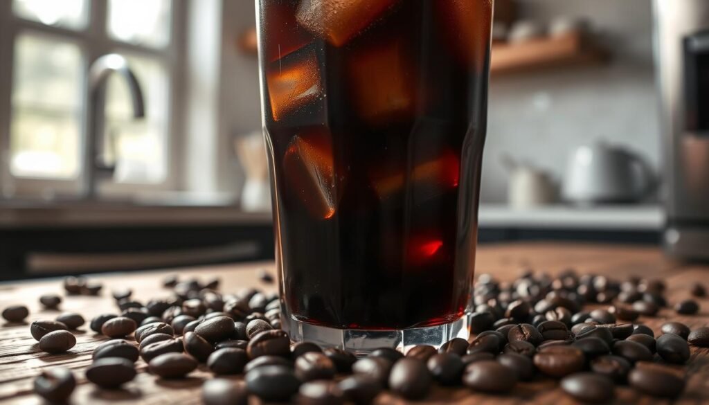 A close-up image of a glass of cold brew coffee with ice cubes, showcasing its rich, dark color and smooth texture. The glass is placed on a rustic wooden table, surrounded by whole coffee beans scattered artistically. In the background, a soft-focus kitchen setting reveals a light streaming in from a nearby window, creating a warm and inviting atmosphere. The sunlight casts gentle reflections on the cold brew, highlighting the condensation on the glass. Use a slightly elevated angle to capture the complexity of the drink and its surroundings, evoking a refreshing and energizing mood perfect for coffee enthusiasts. The image should feel polished and inviting, emphasizing the allure of cold brew coffee without any text or distractions.