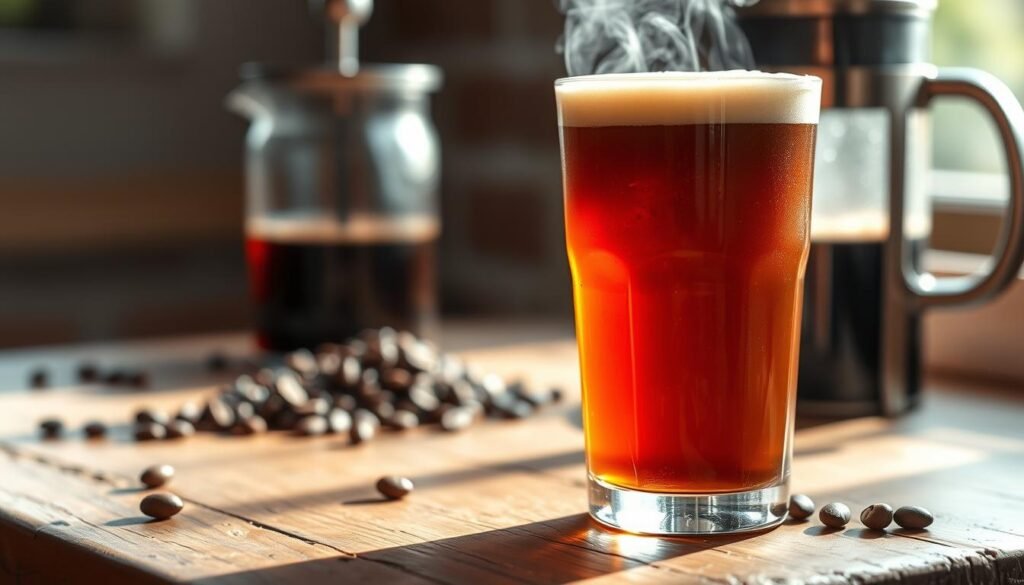 A close-up of a beautiful, rich glass of cold brew coffee, showcasing its deep amber color with a smooth, creamy foam on top. The glass is placed on a rustic wooden table, glistening with condensation. In the background, blurred coffee beans and a stylish French press hint at the brewing process. Soft, natural sunlight filters through a nearby window, casting warm highlights and creating an inviting atmosphere. A subtle steam rises from the cold brew, adding a touch of motion to the still life. Capture the essence of cold brew coffee with a focus on texture and refreshing appeal, evoking a sense of relaxation and indulgence. The composition should be clean and aesthetically pleasing, emphasizing the drink as the centerpiece. A close-up of a beautiful, rich glass of cold brew coffee, showcasing its deep amber color with a smooth, creamy foam on top. The glass is placed on a rustic wooden table, glistening with condensation. In the background, blurred coffee beans and a stylish French press hint at the brewing process. Soft, natural sunlight filters through a nearby window, casting warm highlights and creating an inviting atmosphere. A subtle steam rises from the cold brew, adding a touch of motion to the still life. Capture the essence of cold brew coffee with a focus on texture and refreshing appeal, evoking a sense of relaxation and indulgence. The composition should be clean and aesthetically pleasing, emphasizing the drink as the centerpiece.