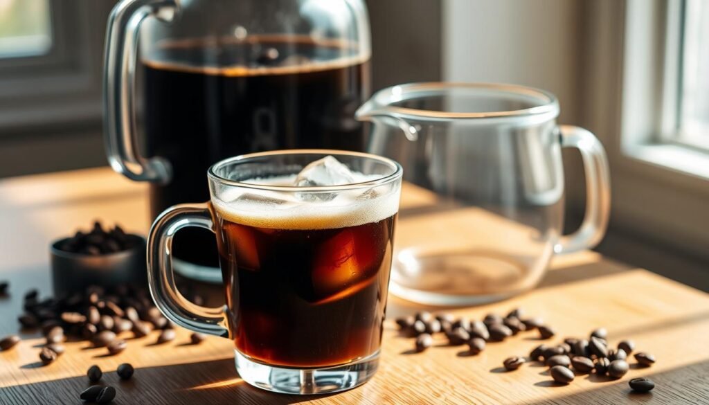 A close-up of a freshly prepared cold brew coffee in a clear glass, filled with ice cubes and topped with a delicate layer of creamy foam. The glass is placed on a wooden table, surrounded by freshly ground coffee beans and a brewing jar in the background. Soft natural light streamed in from a nearby window, casting gentle shadows and creating a warm, inviting atmosphere. The scene captures the essence of the cold brew process, emphasizing the rich dark color of the coffee and the vibrant contrasts of the ice. The overall mood is relaxed and refreshing, ideal for showcasing the art of making cold brew coffee step by step.