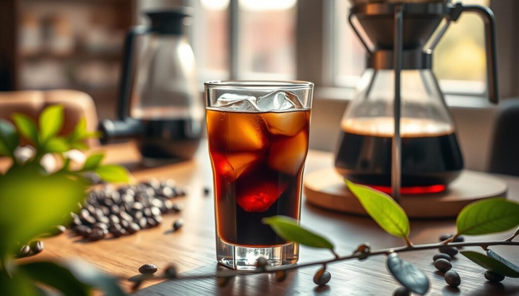 A close-up of a glass of cold brew coffee, filled to the brim with rich, dark liquid, sitting elegantly on a wooden table. The ice cubes inside glisten, contrasting against the smooth surface of the coffee. In the background, soft, blurred coffee beans and a sleek pour-over setup hint at the brewing process. Natural light filters in from a nearby window, casting warm, inviting shadows that enhance the rich tones of the coffee. The foreground is adorned with delicate coffee plant leaves, adding a touch of nature that emphasizes freshness. The overall atmosphere is cozy and relaxing, inviting the viewer to contemplate the experience of enjoying cold brew in a casual, yet sophisticated setting. A close-up of a glass of cold brew coffee, filled to the brim with rich, dark liquid, sitting elegantly on a wooden table. The ice cubes inside glisten, contrasting against the smooth surface of the coffee. In the background, soft, blurred coffee beans and a sleek pour-over setup hint at the brewing process. Natural light filters in from a nearby window, casting warm, inviting shadows that enhance the rich tones of the coffee. The foreground is adorned with delicate coffee plant leaves, adding a touch of nature that emphasizes freshness. The overall atmosphere is cozy and relaxing, inviting the viewer to contemplate the experience of enjoying cold brew in a casual, yet sophisticated setting.