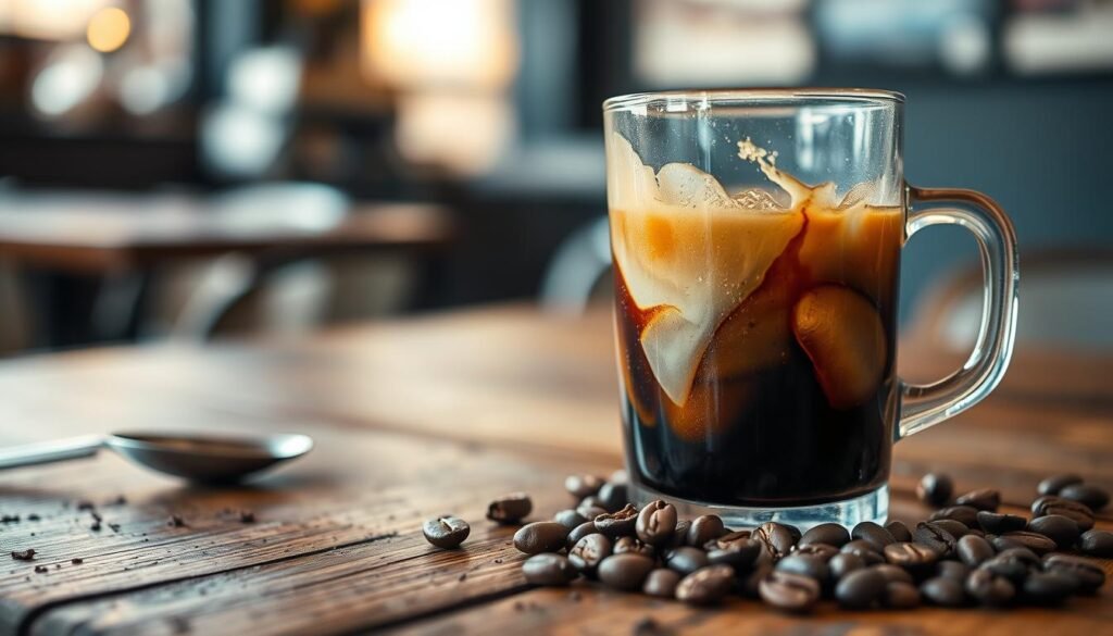 A close-up of a glass of cold brew coffee sitting on a rustic wooden table, condensation glistening on the glass. In the foreground, rich, dark liquid swirls gently with a hint of cream, creating an inviting marbled effect. To the side, a spoon rests, with remnants of coffee grounds, emphasizing the brew’s meticulous preparation. In the middle ground, soft, toasted coffee beans are scattered, showcasing their rich aroma. The background features a blurred café setting with soft, warm lighting, indicating a cozy atmosphere perfect for savoring cold brew. The image should capture the essence of taste, acidity, and mouthfeel, inviting viewers to experience the depth and smoothness of cold brew coffee. Use a shallow depth of field to draw focus to the glass and its details, creating an intimate and inviting mood. A close-up of a glass of cold brew coffee sitting on a rustic wooden table, condensation glistening on the glass. In the foreground, rich, dark liquid swirls gently with a hint of cream, creating an inviting marbled effect. To the side, a spoon rests, with remnants of coffee grounds, emphasizing the brew’s meticulous preparation. In the middle ground, soft, toasted coffee beans are scattered, showcasing their rich aroma. The background features a blurred café setting with soft, warm lighting, indicating a cozy atmosphere perfect for savoring cold brew. The image should capture the essence of taste, acidity, and mouthfeel, inviting viewers to experience the depth and smoothness of cold brew coffee. Use a shallow depth of field to draw focus to the glass and its details, creating an intimate and inviting mood.