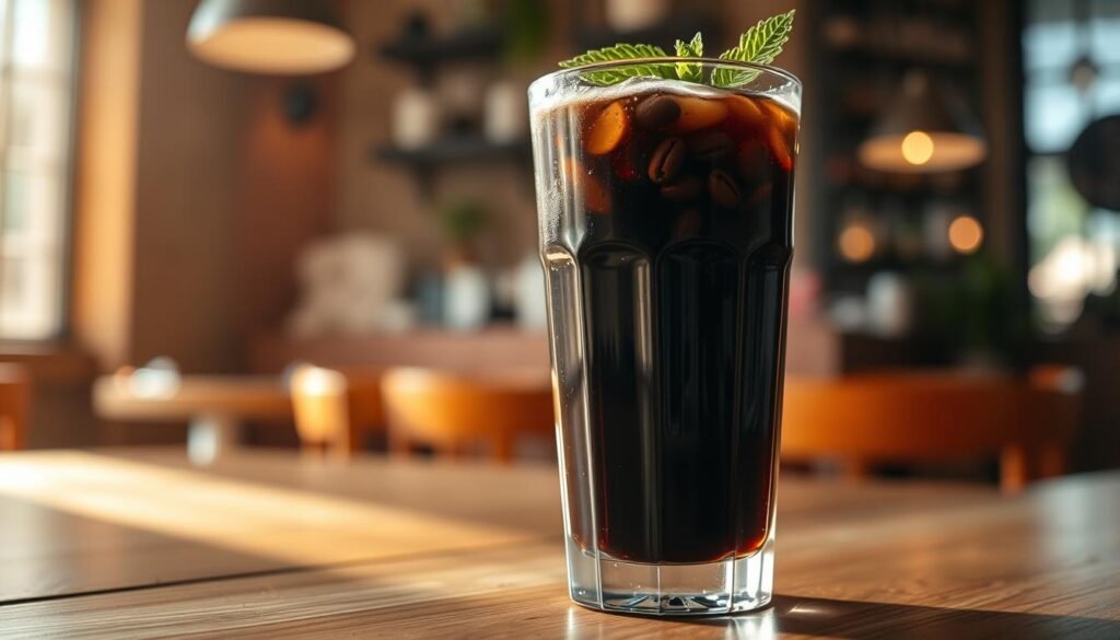 A close-up of a tall glass filled with rich, dark cold brew coffee resting on a wooden table. The icy beverage is garnished with a few coffee beans and a sprig of mint, reflecting condensation on the glass. In the background, soft focus shows a cozy café interior with warm, ambient lighting creating an inviting atmosphere. The scene is captured from a slightly elevated angle, emphasizing the refreshing nature of the drink. Sunlight filters through a nearby window, casting gentle highlights on the surface of the cold brew, enhancing the depth of color. The mood conveys a sense of relaxation and satisfaction, perfect for illustrating the energizing caffeine content of cold brew coffee. A close-up of a tall glass filled with rich, dark cold brew coffee resting on a wooden table. The icy beverage is garnished with a few coffee beans and a sprig of mint, reflecting condensation on the glass. In the background, soft focus shows a cozy café interior with warm, ambient lighting creating an inviting atmosphere. The scene is captured from a slightly elevated angle, emphasizing the refreshing nature of the drink. Sunlight filters through a nearby window, casting gentle highlights on the surface of the cold brew, enhancing the depth of color. The mood conveys a sense of relaxation and satisfaction, perfect for illustrating the energizing caffeine content of cold brew coffee.