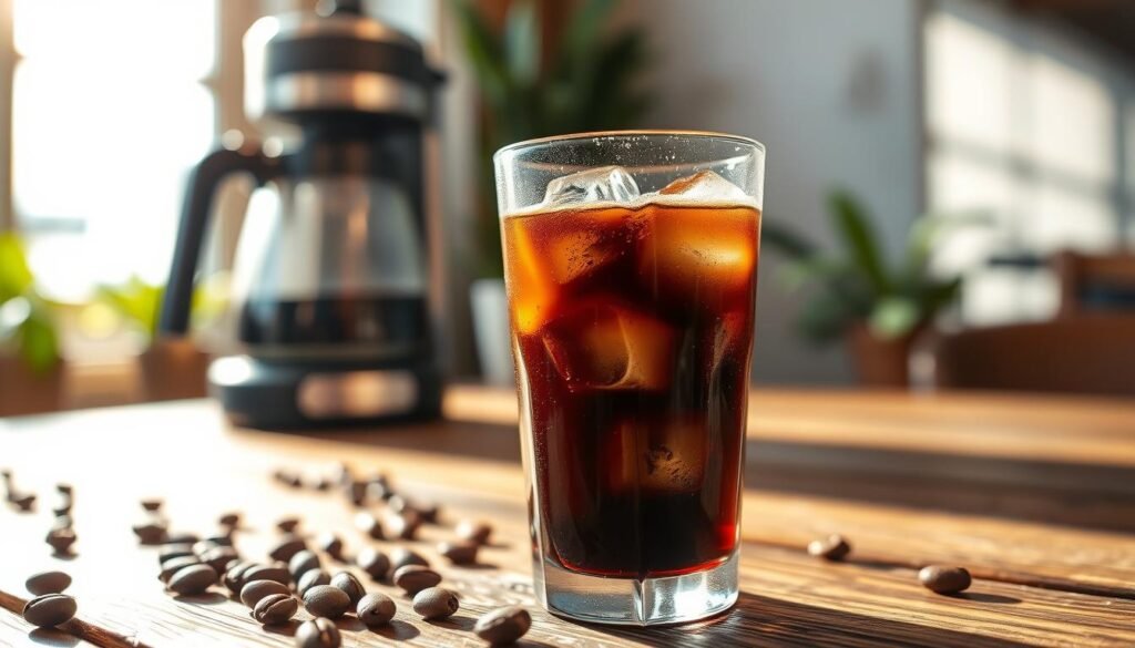 A close-up of a tall glass of cold brew coffee, glistening with condensation, filled to the brim with dark, rich liquid. The glass is set on a rustic wooden table with a light scattering of coffee beans around it. Sunlight filters through a nearby window, casting soft, warm highlights across the surface of the drink, creating an inviting atmosphere. In the background, a blurred image of a sleek coffee maker can be seen, reinforcing the coffee theme, while hints of natural greenery suggest a cozy café setting. The focus is sharp on the glass, emphasizing the texture of the coffee and the ice cubes floating within. The overall mood is refreshing and energizing, perfect for showcasing the allure of cold brew coffee in comparison to espresso. A close-up of a tall glass of cold brew coffee, glistening with condensation, filled to the brim with dark, rich liquid. The glass is set on a rustic wooden table with a light scattering of coffee beans around it. Sunlight filters through a nearby window, casting soft, warm highlights across the surface of the drink, creating an inviting atmosphere. In the background, a blurred image of a sleek coffee maker can be seen, reinforcing the coffee theme, while hints of natural greenery suggest a cozy café setting. The focus is sharp on the glass, emphasizing the texture of the coffee and the ice cubes floating within. The overall mood is refreshing and energizing, perfect for showcasing the allure of cold brew coffee in comparison to espresso.