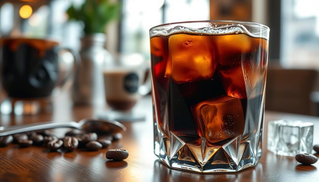 A close-up of an elegantly crafted glass filled with coffee ice cubes, glistening with condensation, the rich dark brown color of cold brew coffee visible beneath them. The foreground showcases the intricate texture of the ice, capturing the light and casting delicate shadows. In the middle, soft-focus elements like coffee beans and a vintage spoon lay scattered, hinting at the brewing process. In the background, a blurred café setting with warm, inviting lighting evokes a cozy atmosphere. The scene conveys the refreshing nature of coffee ice, emphasizing clarity and richness, with an overall warm and inviting mood. Use a shallow depth of field to accentuate the foreground, and capture the image with natural daylight for a fresh, uplifting feel. A close-up of an elegantly crafted glass filled with coffee ice cubes, glistening with condensation, the rich dark brown color of cold brew coffee visible beneath them. The foreground showcases the intricate texture of the ice, capturing the light and casting delicate shadows. In the middle, soft-focus elements like coffee beans and a vintage spoon lay scattered, hinting at the brewing process. In the background, a blurred café setting with warm, inviting lighting evokes a cozy atmosphere. The scene conveys the refreshing nature of coffee ice, emphasizing clarity and richness, with an overall warm and inviting mood. Use a shallow depth of field to accentuate the foreground, and capture the image with natural daylight for a fresh, uplifting feel.