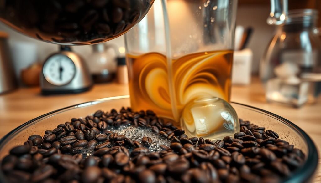 A close-up scene of freshly ground coffee beans being steeped in a transparent container with cold water, showcasing the brewing process of cold brew coffee. In the foreground, emphasize the rich, dark coffee grounds and the gentle bubbles forming as water seeps through. In the middle ground, highlight the transparent brewing vessel, capturing the swirling movement of the coffee extraction. The background features a soft-focused kitchen countertop, adorned with coffee-making tools like a scale, measuring jug, and ice cubes, hinting at efficient brewing. Use warm, ambient lighting to create a cozy and inviting atmosphere, with soft shadows adding depth. The angle should be slightly above eye level, focusing on the brewing action, conveying a smart and practical approach to extending the shelf life of cold brew coffee. A close-up scene of freshly ground coffee beans being steeped in a transparent container with cold water, showcasing the brewing process of cold brew coffee. In the foreground, emphasize the rich, dark coffee grounds and the gentle bubbles forming as water seeps through. In the middle ground, highlight the transparent brewing vessel, capturing the swirling movement of the coffee extraction. The background features a soft-focused kitchen countertop, adorned with coffee-making tools like a scale, measuring jug, and ice cubes, hinting at efficient brewing. Use warm, ambient lighting to create a cozy and inviting atmosphere, with soft shadows adding depth. The angle should be slightly above eye level, focusing on the brewing action, conveying a smart and practical approach to extending the shelf life of cold brew coffee.