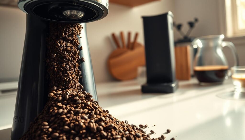A close-up shot of a coffee grinder in action, with freshly ground coffee beans spilling into a sleek, modern brewing device designed for cold brew espresso. The foreground features the rich, dark coffee grounds, highlighting the coarse grind size essential for cold brewing. In the middle, the brewing device showcases its elegant design, set against a clean kitchen countertop. Soft, natural lighting filters in from a nearby window, casting warm tones across the scene. In the background, blurred out, are a few coffee accessories like a scale and a glass pitcher, creating a relatable home coffee setup atmosphere. The overall mood is inviting and warm, emphasizing the passion of coffee preparation. A close-up shot of a coffee grinder in action, with freshly ground coffee beans spilling into a sleek, modern brewing device designed for cold brew espresso. The foreground features the rich, dark coffee grounds, highlighting the coarse grind size essential for cold brewing. In the middle, the brewing device showcases its elegant design, set against a clean kitchen countertop. Soft, natural lighting filters in from a nearby window, casting warm tones across the scene. In the background, blurred out, are a few coffee accessories like a scale and a glass pitcher, creating a relatable home coffee setup atmosphere. The overall mood is inviting and warm, emphasizing the passion of coffee preparation.