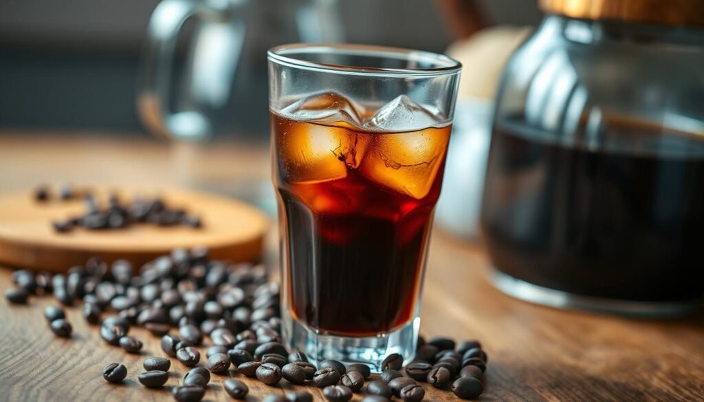 A close-up shot of a glass of cold brew coffee, featuring rich, dark amber liquid with a smooth, inviting texture. Ice cubes float in the drink, glistening under soft, natural light that highlights the condensation on the glass. The foreground showcases a wooden table with coffee beans scattered artistically around the base of the glass, creating an earthy feel. In the background, out of focus, there are hints of fresh coffee grounds and brewing equipment, such as a cold brew maker, giving context to the cold brew process. The overall mood is refreshing and invigorating, capturing the essence of a perfect cup of cold brew coffee, while emphasizing its subtle nuances and health benefits. The angle is slightly tilted to create a dynamic perspective, drawing the viewer’s eye to the drink. A close-up shot of a glass of cold brew coffee, featuring rich, dark amber liquid with a smooth, inviting texture. Ice cubes float in the drink, glistening under soft, natural light that highlights the condensation on the glass. The foreground showcases a wooden table with coffee beans scattered artistically around the base of the glass, creating an earthy feel. In the background, out of focus, there are hints of fresh coffee grounds and brewing equipment, such as a cold brew maker, giving context to the cold brew process. The overall mood is refreshing and invigorating, capturing the essence of a perfect cup of cold brew coffee, while emphasizing its subtle nuances and health benefits. The angle is slightly tilted to create a dynamic perspective, drawing the viewer’s eye to the drink.