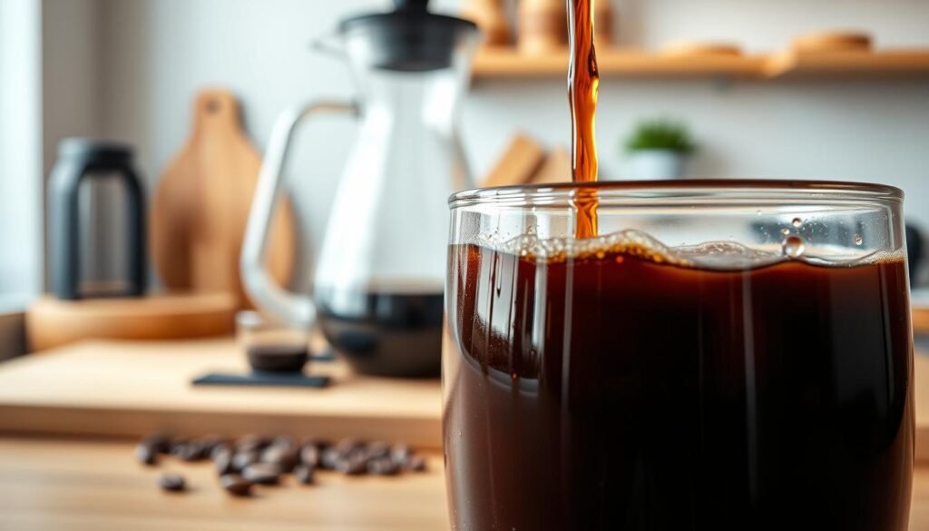 A close-up shot of cold brew coffee poured into a clear glass, showcasing its rich, dark brown color and smooth surface. The foreground features droplets of condensation on the glass, emphasizing the refreshing nature of the beverage. In the middle ground, a sleek kitchen setup with coffee brewing equipment like a cold brew maker, glass carafe, and coarsely ground coffee beans, highlighting the process of achieving consistency in cold brew preparation. The background is softly blurred, depicting a cozy kitchen with wooden elements and warm lighting, creating an inviting atmosphere. The image should be bright and visually appealing, with a focus on clarity and detail to convey the essence of cold brew coffee consistency. A close-up shot of cold brew coffee poured into a clear glass, showcasing its rich, dark brown color and smooth surface. The foreground features droplets of condensation on the glass, emphasizing the refreshing nature of the beverage. In the middle ground, a sleek kitchen setup with coffee brewing equipment like a cold brew maker, glass carafe, and coarsely ground coffee beans, highlighting the process of achieving consistency in cold brew preparation. The background is softly blurred, depicting a cozy kitchen with wooden elements and warm lighting, creating an inviting atmosphere. The image should be bright and visually appealing, with a focus on clarity and detail to convey the essence of cold brew coffee consistency.