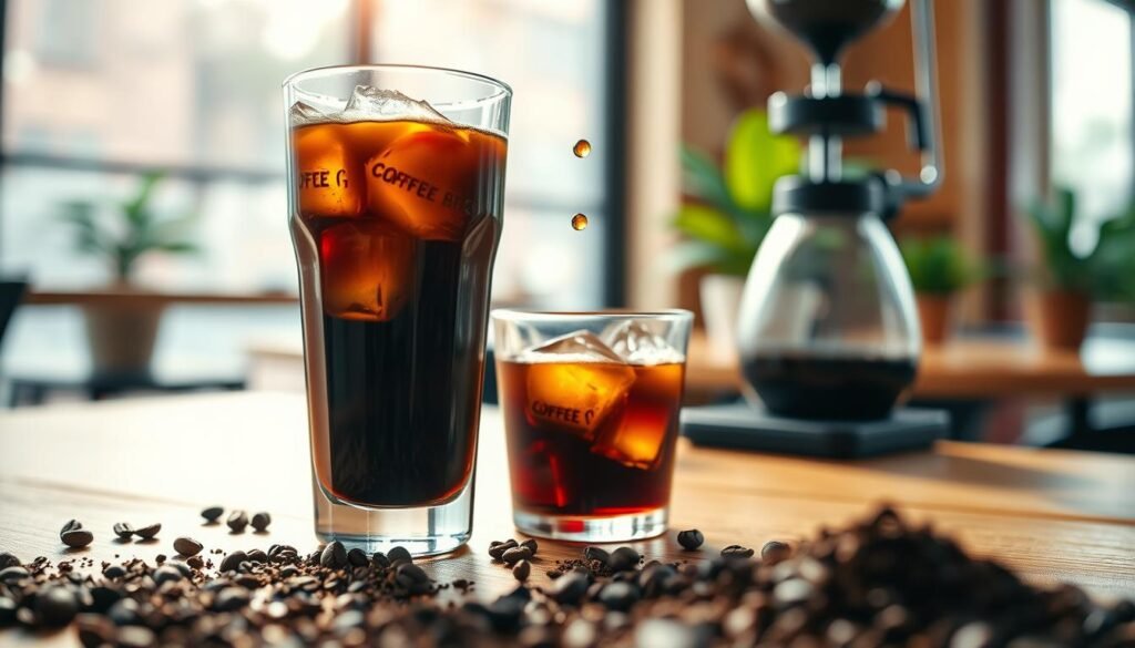 A close-up view of a beautifully crafted glass of cold brew coffee, showcasing the rich, dark liquid with ice cubes glistening in the light. In the foreground, delicate coffee grounds are artistically scattered, hinting at the extraction process. The middle ground features a soft-focus coffee brewing setup, with a sleek cold brew tower and a drop of coffee slowly dripping, symbolizing the slow extraction method. The background is a warm, cozy café setting, with blurred wooden tables and a hint of greenery from potted plants. Soft, natural light filters through the window, creating an inviting and relaxed atmosphere. The overall mood is rich and contemplative, reflecting the depth of flavor in cold brew coffee. A close-up view of a beautifully crafted glass of cold brew coffee, showcasing the rich, dark liquid with ice cubes glistening in the light. In the foreground, delicate coffee grounds are artistically scattered, hinting at the extraction process. The middle ground features a soft-focus coffee brewing setup, with a sleek cold brew tower and a drop of coffee slowly dripping, symbolizing the slow extraction method. The background is a warm, cozy café setting, with blurred wooden tables and a hint of greenery from potted plants. Soft, natural light filters through the window, creating an inviting and relaxed atmosphere. The overall mood is rich and contemplative, reflecting the depth of flavor in cold brew coffee.