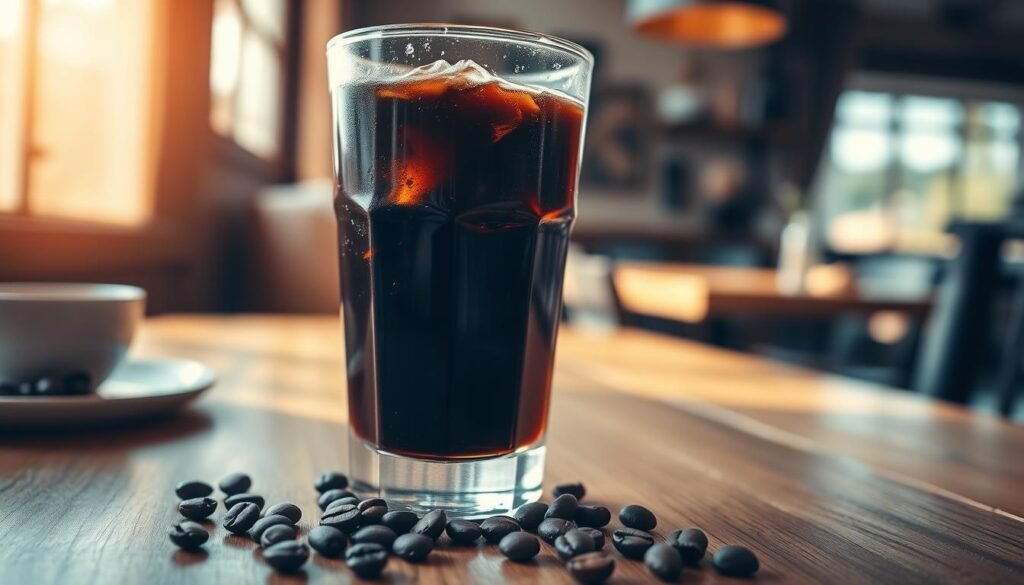 A close-up view of a beautifully crafted glass of cold brew coffee sitting on a wooden table. The cold brew is rich, dark, and served over ice, with condensation on the outside of the glass, suggesting refreshment. Surrounding the glass are a few coffee beans scattered on the table, evoking a sense of freshness and quality. In the background, soft focus reveals a cozy café setting with warm, natural lighting that creates an inviting atmosphere. The sunlight filters through a nearby window, casting gentle shadows and highlighting the textural details of the wood and glass. Capture this scene from a slightly elevated angle to accentuate the layers of the drink and the artwork of the café environment. The overall mood is relaxed and inviting, perfect for showcasing the appeal of cold brew coffee. A close-up view of a beautifully crafted glass of cold brew coffee sitting on a wooden table. The cold brew is rich, dark, and served over ice, with condensation on the outside of the glass, suggesting refreshment. Surrounding the glass are a few coffee beans scattered on the table, evoking a sense of freshness and quality. In the background, soft focus reveals a cozy café setting with warm, natural lighting that creates an inviting atmosphere. The sunlight filters through a nearby window, casting gentle shadows and highlighting the textural details of the wood and glass. Capture this scene from a slightly elevated angle to accentuate the layers of the drink and the artwork of the café environment. The overall mood is relaxed and inviting, perfect for showcasing the appeal of cold brew coffee.