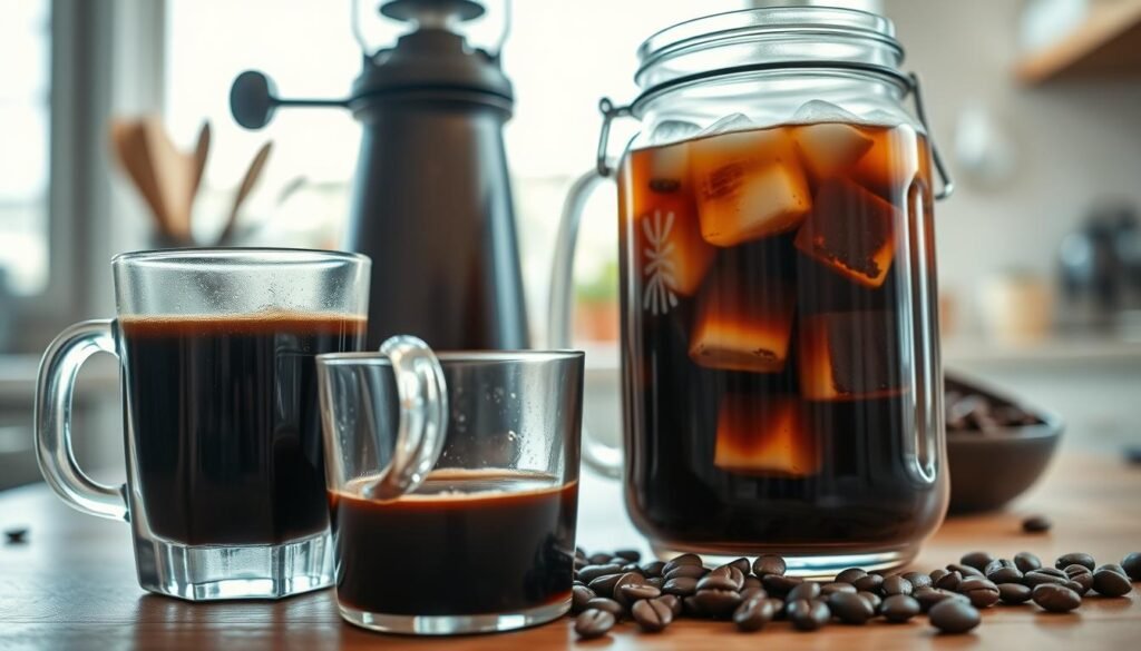 A close-up view of a coffee brewing setup, showcasing the contrasting methods of extraction for cold brew and hot coffee. In the foreground, a rich, dark hot coffee is steaming in a clear glass mug, with droplets of condensation on the outside. Beside it, a sleek, glistening jar of cold brew coffee, with ice cubes elegantly floating within. The middle ground features a coffee grinder and various coffee beans, some freshly ground, highlighting the process of brewing. In the background, a softly lit kitchen setting, with natural light streaming in through a window, creating a warm and inviting atmosphere. The lens is set to a slight macro focus, emphasizing the textures of the coffee and the brewing equipment, while maintaining a blurred background to draw attention to the subject. A close-up view of a coffee brewing setup, showcasing the contrasting methods of extraction for cold brew and hot coffee. In the foreground, a rich, dark hot coffee is steaming in a clear glass mug, with droplets of condensation on the outside. Beside it, a sleek, glistening jar of cold brew coffee, with ice cubes elegantly floating within. The middle ground features a coffee grinder and various coffee beans, some freshly ground, highlighting the process of brewing. In the background, a softly lit kitchen setting, with natural light streaming in through a window, creating a warm and inviting atmosphere. The lens is set to a slight macro focus, emphasizing the textures of the coffee and the brewing equipment, while maintaining a blurred background to draw attention to the subject.