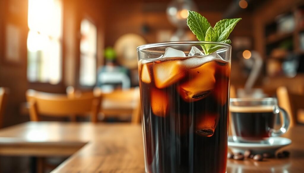 A close-up view of a glass of cold brew coffee filled with dark, rich liquid, ice cubes glistening within. The glass is adorned with a coffee bean garnish and a sprig of mint for a fresh touch. In the background, a blurred café setting with wooden tables and soft lighting enhances the ambiance. A steaming espresso shot and a small cup are subtly placed to the side, highlighting the contrast between the two coffee types. The scene is illuminated by warm, natural light filtering through a window, creating a cozy and inviting atmosphere. The composition focuses on the textures of the coffee and the coolness of the drink, evoking a refreshing and indulgent vibe. A close-up view of a glass of cold brew coffee filled with dark, rich liquid, ice cubes glistening within. The glass is adorned with a coffee bean garnish and a sprig of mint for a fresh touch. In the background, a blurred café setting with wooden tables and soft lighting enhances the ambiance. A steaming espresso shot and a small cup are subtly placed to the side, highlighting the contrast between the two coffee types. The scene is illuminated by warm, natural light filtering through a window, creating a cozy and inviting atmosphere. The composition focuses on the textures of the coffee and the coolness of the drink, evoking a refreshing and indulgent vibe.