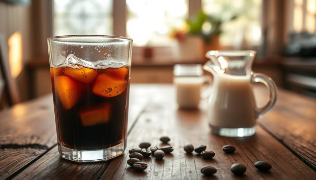 A close-up view of a glass of cold brew coffee filled with rich, dark liquid, sitting on a rustic wooden table. In the foreground, the glass features condensation around the edges, reflecting the light. Ice cubes float in the coffee, glinting in the warm, natural sunlight streaming in from the side. In the middle ground, a few coffee beans are scattered and a small milk pitcher, half-filled with cream, hints at flavor adjustments. The background showcases a cozy kitchen setting with soft-focus greenery outside a window, adding to a relaxed atmosphere. The lighting is warm and inviting, emphasizing the richness of the coffee. The overall mood is one of comfort and indulgence, highlighting the art of crafting cold brew at home. A close-up view of a glass of cold brew coffee filled with rich, dark liquid, sitting on a rustic wooden table. In the foreground, the glass features condensation around the edges, reflecting the light. Ice cubes float in the coffee, glinting in the warm, natural sunlight streaming in from the side. In the middle ground, a few coffee beans are scattered and a small milk pitcher, half-filled with cream, hints at flavor adjustments. The background showcases a cozy kitchen setting with soft-focus greenery outside a window, adding to a relaxed atmosphere. The lighting is warm and inviting, emphasizing the richness of the coffee. The overall mood is one of comfort and indulgence, highlighting the art of crafting cold brew at home.