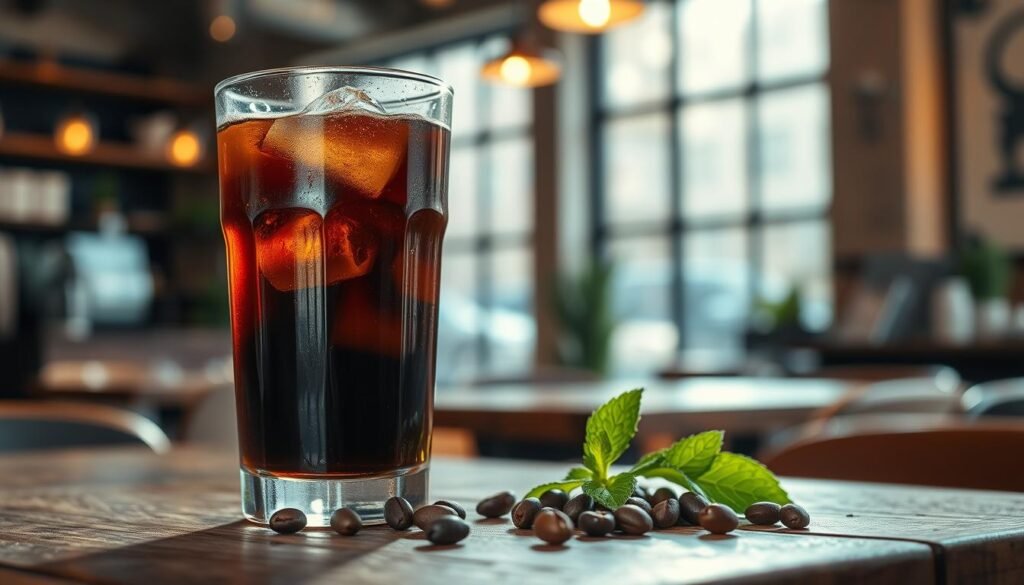A close-up view of a glass of iced cold brew coffee, filled to the brim with dark, rich liquid, elegantly situated on a rustic wooden table. The glass is adorned with condensation droplets, hinting at its refreshing chill. In the foreground, a few coffee beans and a sprig of fresh mint are scattered around the base of the glass. The middle ground features a blurred background of a cozy coffee shop ambiance, with soft, ambient lighting casting a warm hue around. Sunlight filters through large windows, creating a relaxed, inviting atmosphere. The scene should evoke an appreciation for the complex nuances of cold brew coffee, emphasizing its rich flavor and caffeine content. The image should be crisp and vibrant, focusing on the details of the drink while maintaining a serene mood. A close-up view of a glass of iced cold brew coffee, filled to the brim with dark, rich liquid, elegantly situated on a rustic wooden table. The glass is adorned with condensation droplets, hinting at its refreshing chill. In the foreground, a few coffee beans and a sprig of fresh mint are scattered around the base of the glass. The middle ground features a blurred background of a cozy coffee shop ambiance, with soft, ambient lighting casting a warm hue around. Sunlight filters through large windows, creating a relaxed, inviting atmosphere. The scene should evoke an appreciation for the complex nuances of cold brew coffee, emphasizing its rich flavor and caffeine content. The image should be crisp and vibrant, focusing on the details of the drink while maintaining a serene mood.