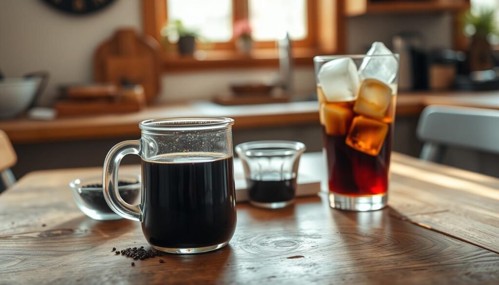 A close-up view of a rustic wooden kitchen table, showcasing an artisanal setup for making cold brew coffee. In the foreground, a glass pitcher filled with dark, rich cold brew coffee sits next to a small bowl of coarse coffee grounds and a measuring cup, indicating the ingredients used. The middle layer features a large, elegant glass filled with ice, the cold brew cascading over it, creating a refreshing visual. In the background, soft, natural light filters through a nearby window, casting gentle shadows and highlighting the textures of the table and the coffee. The overall atmosphere is warm and inviting, evoking the cozy feel of a home brewing experience. The composition is bright and clear, shot from a slightly elevated angle, focusing on the details of the setup, inviting viewers to imagine crafting their own perfect cold brew at home.