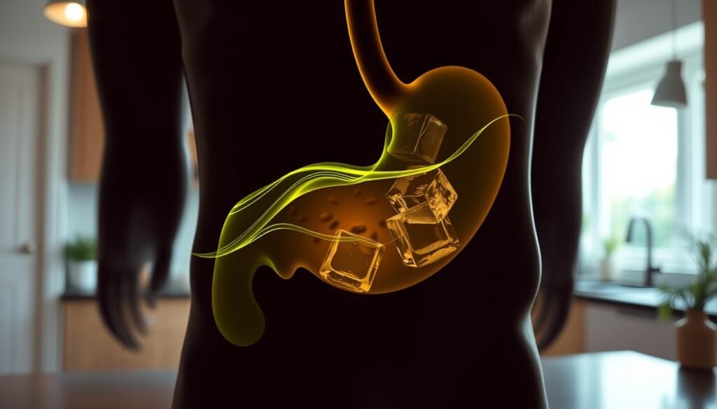 A close-up view of a somber, abstract representation of acid reflux, depicted as vibrant waves of digestive acids in shades of green and yellow tumbling upwards. In the foreground, a human stomach silhouette, rendered in a semi-transparent style, shows the reflux in action with faint lines indicating discomfort. The middle layer features a subtle overlay of coffee beans and ice cubes fading into a blurred background of a health-conscious kitchen environment, softly illuminated by natural light filtering through a window. The overall atmosphere is one of contemplation and awareness, capturing the duality of pleasure and discomfort associated with coffee consumption. The image is devoid of any text or signs, allowing the visual elements to convey the theme seamlessly. A close-up view of a somber, abstract representation of acid reflux, depicted as vibrant waves of digestive acids in shades of green and yellow tumbling upwards. In the foreground, a human stomach silhouette, rendered in a semi-transparent style, shows the reflux in action with faint lines indicating discomfort. The middle layer features a subtle overlay of coffee beans and ice cubes fading into a blurred background of a health-conscious kitchen environment, softly illuminated by natural light filtering through a window. The overall atmosphere is one of contemplation and awareness, capturing the duality of pleasure and discomfort associated with coffee consumption. The image is devoid of any text or signs, allowing the visual elements to convey the theme seamlessly.
