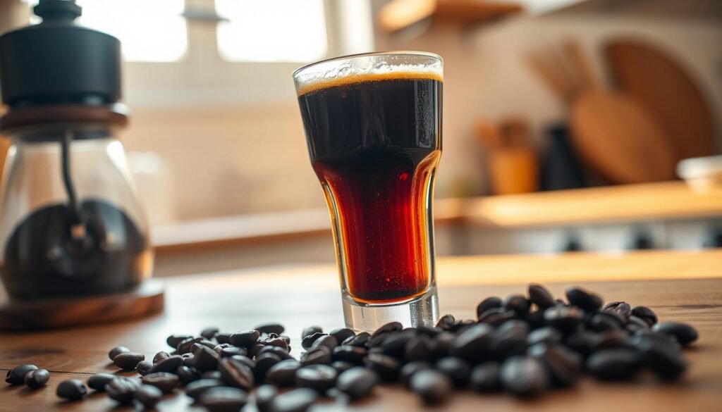 A close-up view of a stylish glass filled with rich, dark cold brew concentrate placed on a wooden table. The glass features condensation droplets, highlighting its cold nature, with a slight espresso-like crema on top. In the foreground, a coffee grinder and rough coffee beans add context, while in the middle, the vibrant glass of concentrate dominates the focus. The background is softly blurred to suggest a cozy kitchen setting, illuminated by warm, natural light streaming in from a window. The mood is inviting and refreshing, capturing the essence of cold brew coffee. The composition is shot with a shallow depth of field to enhance the details of the concentrate and create an atmosphere of sophistication and intrigue. A close-up view of a stylish glass filled with rich, dark cold brew concentrate placed on a wooden table. The glass features condensation droplets, highlighting its cold nature, with a slight espresso-like crema on top. In the foreground, a coffee grinder and rough coffee beans add context, while in the middle, the vibrant glass of concentrate dominates the focus. The background is softly blurred to suggest a cozy kitchen setting, illuminated by warm, natural light streaming in from a window. The mood is inviting and refreshing, capturing the essence of cold brew coffee. The composition is shot with a shallow depth of field to enhance the details of the concentrate and create an atmosphere of sophistication and intrigue.