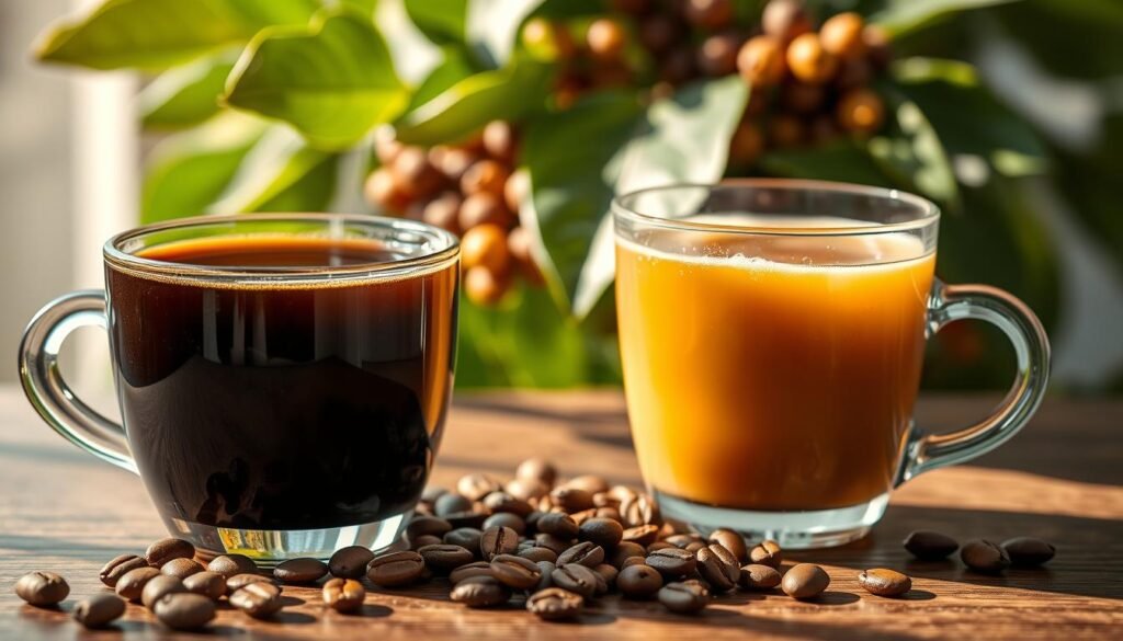 A close-up view of two coffee cups placed on a wooden table, one filled with a deep, dark hot coffee, and the other with a refreshing, golden cold brew. In the foreground, focus on the delicate swirling patterns of steam rising from the hot coffee, contrasted with the smooth, glistening surface of the cold brew. In the middle ground, soft, natural coffee beans are scattered artfully around the cups, emphasizing various shades of brown representing different acidity levels. The background features a softly blurred coffee plant with lush green leaves, suggesting wellness and comfort. The lighting is warm and inviting, casting gentle shadows while highlighting the texture of the coffee cups. The mood is relaxing and cozy, perfect for a calming coffee experience. A close-up view of two coffee cups placed on a wooden table, one filled with a deep, dark hot coffee, and the other with a refreshing, golden cold brew. In the foreground, focus on the delicate swirling patterns of steam rising from the hot coffee, contrasted with the smooth, glistening surface of the cold brew. In the middle ground, soft, natural coffee beans are scattered artfully around the cups, emphasizing various shades of brown representing different acidity levels. The background features a softly blurred coffee plant with lush green leaves, suggesting wellness and comfort. The lighting is warm and inviting, casting gentle shadows while highlighting the texture of the coffee cups. The mood is relaxing and cozy, perfect for a calming coffee experience.