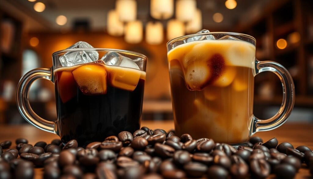 A close-up view of two coffee cups side by side, depicting cold brew and iced coffee, with ice cubes glistening in both drinks. The cold brew cup is filled with dark, rich liquid, while the iced coffee features a lighter, creamy color blended with ice. In the foreground, coffee beans are scattered, emphasizing the source of caffeine. The background features a soft-focus café setting with warm, inviting lighting, adding to the cozy atmosphere. A gentle overhead light casts a warm glow, enhancing the texture of the coffee surfaces. The scene conveys a relaxed and sophisticated vibe, perfect for a coffee lover’s discussion on caffeine extraction methods.
