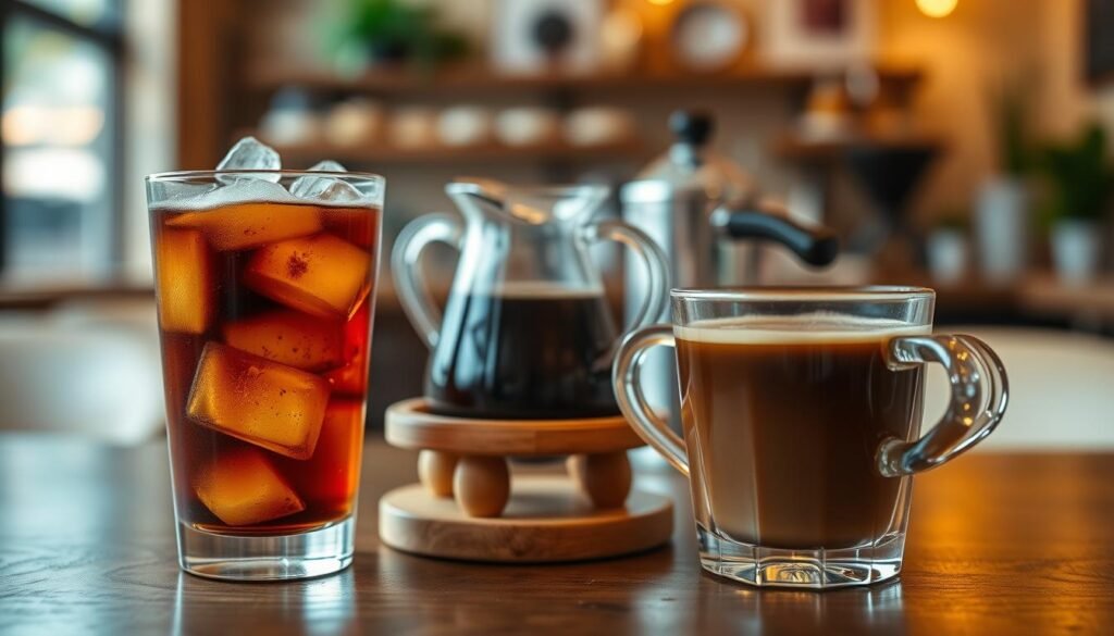 A detailed comparison scene featuring a cold brew coffee in a transparent glass with ice cubes on the left, and a steaming cup of hot coffee on the right. The foreground showcases the beverages clearly, capturing the rich color of the cold brew and the warm, inviting steam rising from the hot coffee. In the middle, a small wooden table holds a clear glass pitcher of cold brew and a classic coffee pot for the hot coffee, adding to the cozy atmosphere. The background includes a softly blurred café setting with warm, ambient lighting, creating a relaxing mood. The scene is captured from a slightly elevated angle to emphasize both drinks harmoniously. A detailed comparison scene featuring a cold brew coffee in a transparent glass with ice cubes on the left, and a steaming cup of hot coffee on the right. The foreground showcases the beverages clearly, capturing the rich color of the cold brew and the warm, inviting steam rising from the hot coffee. In the middle, a small wooden table holds a clear glass pitcher of cold brew and a classic coffee pot for the hot coffee, adding to the cozy atmosphere. The background includes a softly blurred café setting with warm, ambient lighting, creating a relaxing mood. The scene is captured from a slightly elevated angle to emphasize both drinks harmoniously.