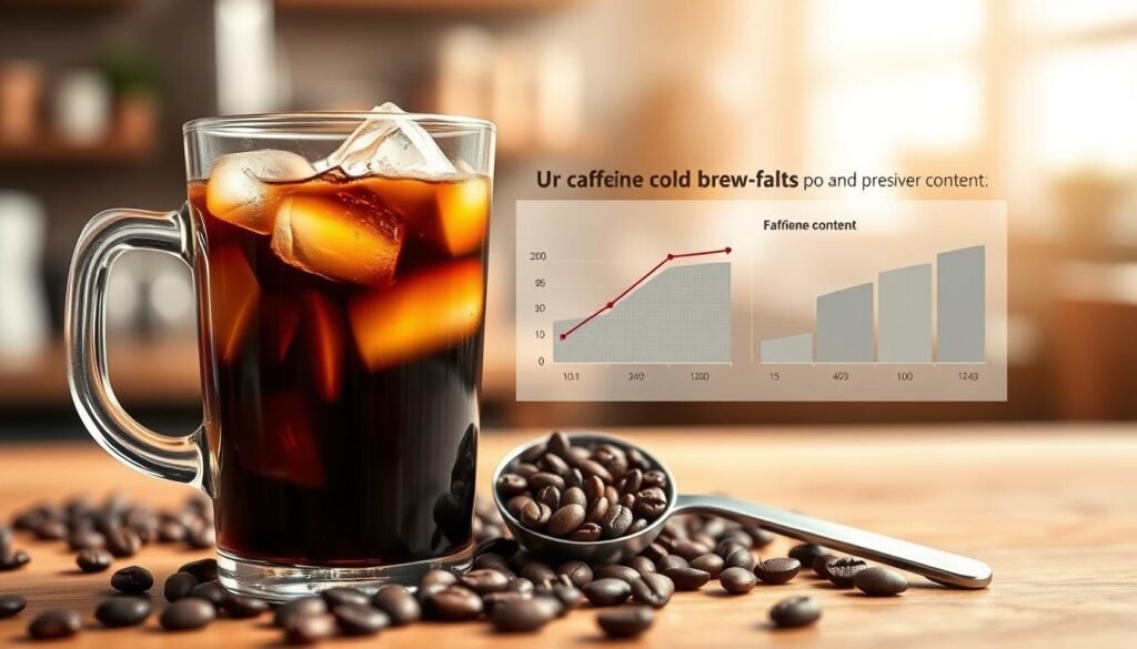 A detailed illustration of caffeine content in cold brew coffee, featuring a beautifully arranged coffee setup in the foreground with a glass of cold brew filled with ice cubes, highlighting the dark, rich color of the beverage. Beside it, use a stylish measuring spoon holding finely ground coffee beans, symbolizing what influences caffeine levels. In the middle ground, include a simple chart-like visual representation of caffeine content comparisons between cold brew and other coffee types, subtly integrated into the scene. The background should softly fade with warm coffee shop tones, evoking a cozy atmosphere, complemented by soft, natural lighting that casts gentle shadows, giving depth to the composition. A suitable angle is slightly above eye level to create an inviting perspective.
