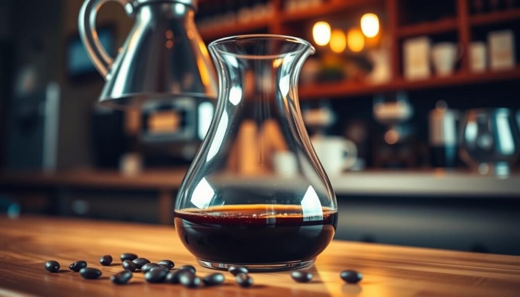 A glass decanter filled with dark, rich cold brew concentrate, placed on a wooden countertop. In the foreground, a few fresh coffee beans scattered around the base of the decanter add texture. The middle ground showcases the decanter with smooth curves, reflecting soft ambient light from overhead, casting delicate shadows. In the background, a blurred coffee shop scene with warm, inviting colors, suggesting a cozy environment. The lighting is warm, creating an inviting atmosphere that emphasizes the depth of the coffee's color. A slightly overhead angle captures the intricate details of the brewing process and highlights the essence of cold brew coffee. The overall mood is relaxed, promoting the enjoyment of savoring a chilled beverage. A glass decanter filled with dark, rich cold brew concentrate, placed on a wooden countertop. In the foreground, a few fresh coffee beans scattered around the base of the decanter add texture. The middle ground showcases the decanter with smooth curves, reflecting soft ambient light from overhead, casting delicate shadows. In the background, a blurred coffee shop scene with warm, inviting colors, suggesting a cozy environment. The lighting is warm, creating an inviting atmosphere that emphasizes the depth of the coffee's color. A slightly overhead angle captures the intricate details of the brewing process and highlights the essence of cold brew coffee. The overall mood is relaxed, promoting the enjoyment of savoring a chilled beverage.
