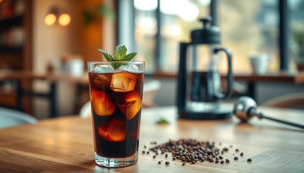 A glass of cold brew coffee sits prominently in the foreground, filled with dark, rich liquid and garnished with a sprig of fresh mint. Ice cubes glisten through the glass, reflecting soft, natural light that enhances the drink's appealing texture. In the middle ground, a wooden table showcases a minimalist coffee setup, with a chic cold brew maker and scattered coffee grounds, suggesting the crafting process. The background features a softly blurred café setting with warm, inviting lighting, capturing the cozy atmosphere of a coffee shop. The overall mood is refreshing and sophisticated, celebrating the contrast between cold brew and traditional coffee in a visually striking manner. The image should emphasize clarity and detail, with a focus on the allure of cold brew. A glass of cold brew coffee sits prominently in the foreground, filled with dark, rich liquid and garnished with a sprig of fresh mint. Ice cubes glisten through the glass, reflecting soft, natural light that enhances the drink's appealing texture. In the middle ground, a wooden table showcases a minimalist coffee setup, with a chic cold brew maker and scattered coffee grounds, suggesting the crafting process. The background features a softly blurred café setting with warm, inviting lighting, capturing the cozy atmosphere of a coffee shop. The overall mood is refreshing and sophisticated, celebrating the contrast between cold brew and traditional coffee in a visually striking manner. The image should emphasize clarity and detail, with a focus on the allure of cold brew.