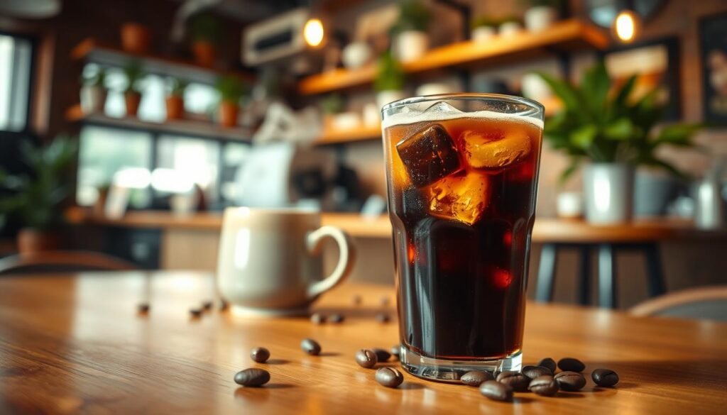 A refreshing glass of cold brew coffee sits prominently in the foreground, filled with dark, rich liquid and ice cubes glistening in soft light, surrounded by a few coffee beans for texture. In the middle ground, there’s a stylish ceramic mug steaming gently, set on a wooden table. The background features a softly blurred, cozy café ambiance with warm lighting, potted plants, and inviting shelves filled with coffee-related items. The scene conveys a calm yet energized mood, emphasizing vibrant, earthy tones of rich browns and greens. Use a shallow depth of field to focus sharply on the cold brew while creating a beautifully bokeh effect in the café setting, evoking a sense of warmth and welcoming energy. A refreshing glass of cold brew coffee sits prominently in the foreground, filled with dark, rich liquid and ice cubes glistening in soft light, surrounded by a few coffee beans for texture. In the middle ground, there’s a stylish ceramic mug steaming gently, set on a wooden table. The background features a softly blurred, cozy café ambiance with warm lighting, potted plants, and inviting shelves filled with coffee-related items. The scene conveys a calm yet energized mood, emphasizing vibrant, earthy tones of rich browns and greens. Use a shallow depth of field to focus sharply on the cold brew while creating a beautifully bokeh effect in the café setting, evoking a sense of warmth and welcoming energy.