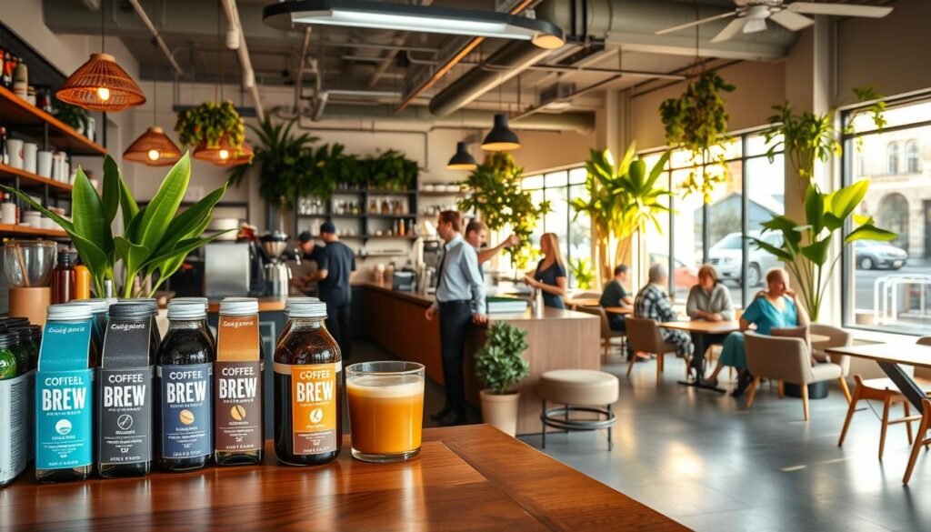 A stylish coffee shop interior in Walnut Creek, showcasing a vibrant cold brew coffee display. In the foreground, a polished wooden counter features an array of artisanal cold brew options, with unique flavor labels like vanilla, hazelnut, and seasonal blends. The middle ground includes baristas, dressed in casual yet professional attire, expertly preparing and serving beverages to customers seated at cozy, modern furnishings. A background filled with lush potted plants and large windows allowing warm, golden sunlight to filter in, creating a welcoming and relaxed atmosphere. The scene conveys a lively, yet tranquil vibe typical of the East Bay coffee culture, with subtle hints of urban sophistication. Capture this image with a wide-angle lens for depth, highlighting the inviting ambiance. A stylish coffee shop interior in Walnut Creek, showcasing a vibrant cold brew coffee display. In the foreground, a polished wooden counter features an array of artisanal cold brew options, with unique flavor labels like vanilla, hazelnut, and seasonal blends. The middle ground includes baristas, dressed in casual yet professional attire, expertly preparing and serving beverages to customers seated at cozy, modern furnishings. A background filled with lush potted plants and large windows allowing warm, golden sunlight to filter in, creating a welcoming and relaxed atmosphere. The scene conveys a lively, yet tranquil vibe typical of the East Bay coffee culture, with subtle hints of urban sophistication. Capture this image with a wide-angle lens for depth, highlighting the inviting ambiance.