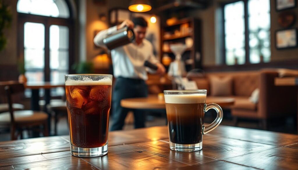 A stylish coffee shop interior with a warm, inviting atmosphere. In the foreground, a perfectly brewed glass of cold brew coffee sits on a rustic wooden table, glistening with condensation. A subtle swirl of steam is rising from a nearby cup of hot coffee, elegantly placed beside it. In the middle ground, a barista expertly pouring cold brew from a large glass pitcher, showcasing the smooth texture of the beverage. The background features cozy seating arrangements with soft lighting, emphasizing a relaxed environment. The scene captures the contrasting temperatures of both coffee types, evoking a sense of choice and lifestyle. The image is well-lit, with soft shadows, creating an inviting mood for coffee lovers. Use a slightly elevated angle to provide a comprehensive view of the setup, highlighting both drinks harmoniously. A stylish coffee shop interior with a warm, inviting atmosphere. In the foreground, a perfectly brewed glass of cold brew coffee sits on a rustic wooden table, glistening with condensation. A subtle swirl of steam is rising from a nearby cup of hot coffee, elegantly placed beside it. In the middle ground, a barista expertly pouring cold brew from a large glass pitcher, showcasing the smooth texture of the beverage. The background features cozy seating arrangements with soft lighting, emphasizing a relaxed environment. The scene captures the contrasting temperatures of both coffee types, evoking a sense of choice and lifestyle. The image is well-lit, with soft shadows, creating an inviting mood for coffee lovers. Use a slightly elevated angle to provide a comprehensive view of the setup, highlighting both drinks harmoniously.