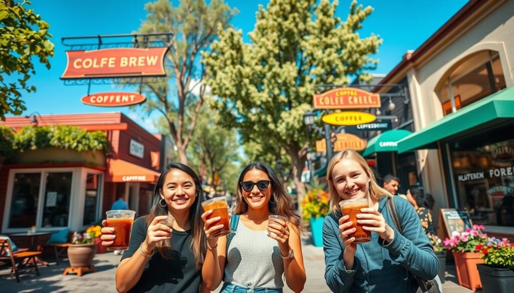 A vibrant scene depicting a cold brew coffee crawl in Walnut Creek, California. In the foreground, a small group of three friends, casually dressed in comfortable yet stylish clothing, happily savoring their iced coffee drinks from local cafés, their expressions capturing enjoyment and camaraderie. In the middle ground, a charming street lined with unique coffee shops, each showcasing outdoor seating and vibrant signs, adorned with colorful flowers and lush greenery. In the background, a sunny blue sky and tree-lined streets of Walnut Creek, suggesting a welcoming community atmosphere. Soft, warm lighting casts a pleasant glow over the scene, creating an inviting and lively ambiance. The composition is framed at eye level to enhance the intimate, engaging experience of the coffee crawl. A vibrant scene depicting a cold brew coffee crawl in Walnut Creek, California. In the foreground, a small group of three friends, casually dressed in comfortable yet stylish clothing, happily savoring their iced coffee drinks from local cafés, their expressions capturing enjoyment and camaraderie. In the middle ground, a charming street lined with unique coffee shops, each showcasing outdoor seating and vibrant signs, adorned with colorful flowers and lush greenery. In the background, a sunny blue sky and tree-lined streets of Walnut Creek, suggesting a welcoming community atmosphere. Soft, warm lighting casts a pleasant glow over the scene, creating an inviting and lively ambiance. The composition is framed at eye level to enhance the intimate, engaging experience of the coffee crawl.