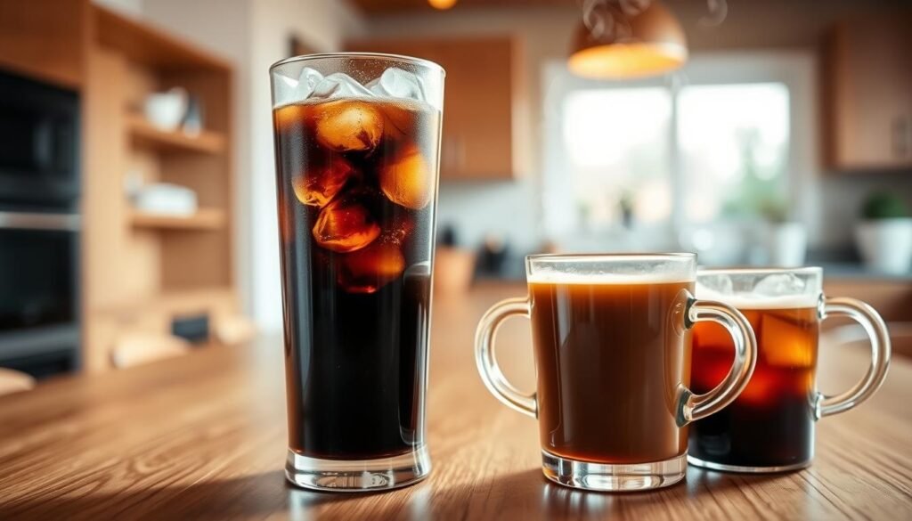 A visually engaging comparison of cold brew coffee versus traditional brewed coffee, with two clear glasses side by side. In the foreground, a tall glass of cold brew filled with ice, showcasing its rich, dark color and condensation on the glass. Next to it, a steaming cup of hot brewed coffee, showcasing its warm brown tones with aromatic steam rising. In the middle ground, a sleek, modern wooden table setting that highlights the contrast between the two beverages. The background features a softly blurred kitchen interior with warm, natural lighting streaming in from a nearby window. The atmosphere conveys a sense of warmth and discovery, inviting the viewer to explore the difference in caffeine strength between these popular coffee styles. A visually engaging comparison of cold brew coffee versus traditional brewed coffee, with two clear glasses side by side. In the foreground, a tall glass of cold brew filled with ice, showcasing its rich, dark color and condensation on the glass. Next to it, a steaming cup of hot brewed coffee, showcasing its warm brown tones with aromatic steam rising. In the middle ground, a sleek, modern wooden table setting that highlights the contrast between the two beverages. The background features a softly blurred kitchen interior with warm, natural lighting streaming in from a nearby window. The atmosphere conveys a sense of warmth and discovery, inviting the viewer to explore the difference in caffeine strength between these popular coffee styles.