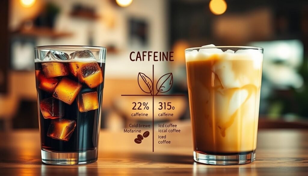 A visually striking comparison of cold brew and iced coffee, highlighting caffeine content. In the foreground, a clear glass of cold brew, dark and rich, with ice cubes glistening, sitting next to a frosty glass of iced coffee, lighter in color with a swirl of milk. In the middle, a split diagram showing caffeine content labels for both drinks, artistically illustrated with coffee beans and leaves. The background fades into a cozy café setting with soft, warm lighting that evokes a welcoming atmosphere. The scene is shot at a slight angle to emphasize the drinks, with a shallow depth of field, creating a blurred effect around the café for focus. The mood is inviting and educational, suggesting a relaxed yet informative space for coffee lovers.