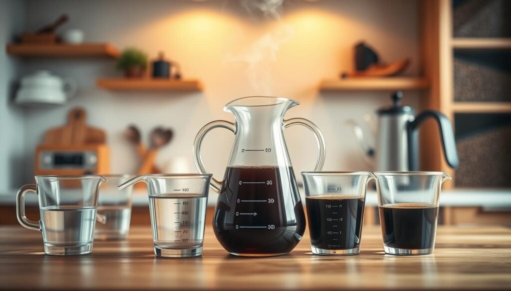An artistic still-life composition illustrating the concept of "concentrate ratio" in cold brew coffee preparation. In the foreground, a stylish glass carafe filled with concentrated cold brew coffee sits on a wooden table, surrounded by measuring cups displaying varying amounts of water. The middle ground features a modern kitchen setup with a gentle steam rising from a kettle, emphasizing the brewing process. In the background, soft-focus shelves lined with coffee beans, blending into a warm, ambient kitchen light that conveys a cozy, inviting atmosphere. The shot is captured from a slightly elevated angle to provide depth, ensuring all elements are clearly visible, showcasing the interplay of ingredients and ratios in a creative, visually appealing manner. An artistic still-life composition illustrating the concept of "concentrate ratio" in cold brew coffee preparation. In the foreground, a stylish glass carafe filled with concentrated cold brew coffee sits on a wooden table, surrounded by measuring cups displaying varying amounts of water. The middle ground features a modern kitchen setup with a gentle steam rising from a kettle, emphasizing the brewing process. In the background, soft-focus shelves lined with coffee beans, blending into a warm, ambient kitchen light that conveys a cozy, inviting atmosphere. The shot is captured from a slightly elevated angle to provide depth, ensuring all elements are clearly visible, showcasing the interplay of ingredients and ratios in a creative, visually appealing manner.